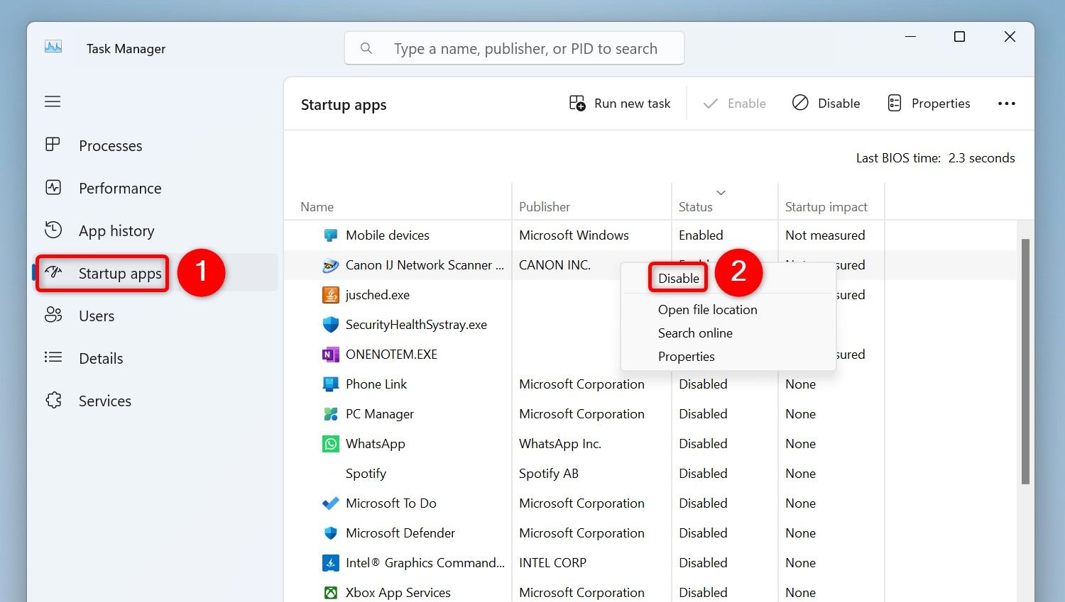 Окно Task Manager, раздел Startup Apps, кнопка Disable выделена