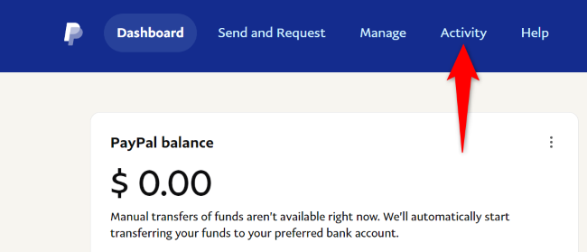Выберите раздел «Активность» в верхнем меню PayPal
