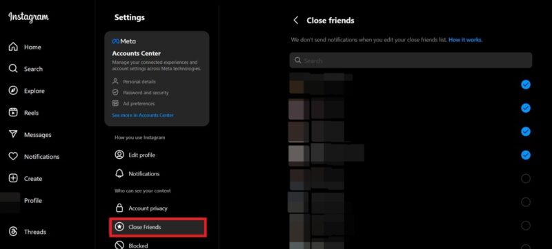 Создание списка Close Friends в Instagram на ПК