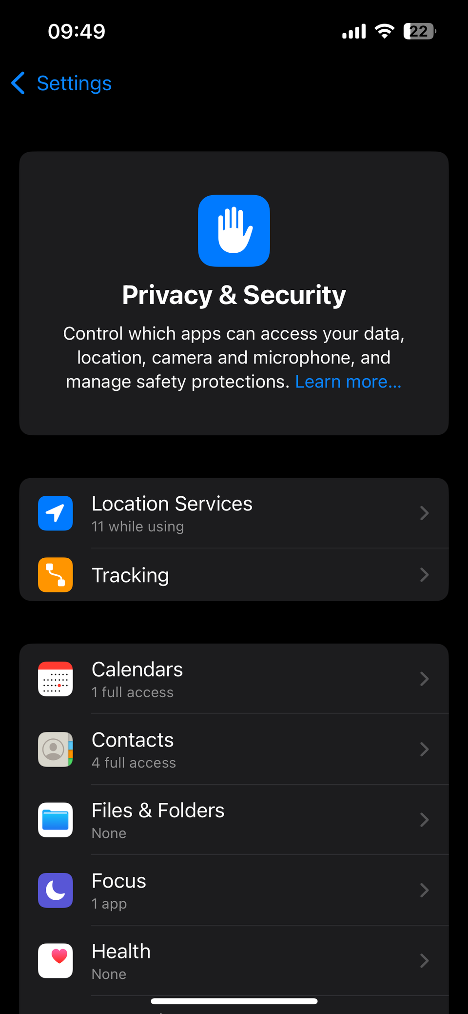 Страница настроек конфиденциальности iPhone