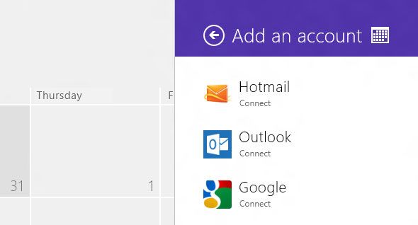 Добавление аккаунта Google в приложении Календарь Windows 8
