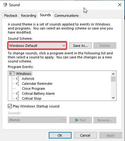 Список звуковых схем в Windows 10 — выбор схемы
