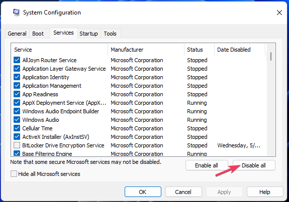 Кнопка Disable all в System Configuration