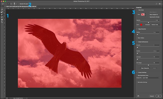 Общий вид интерфейса Select and Mask с подсказками