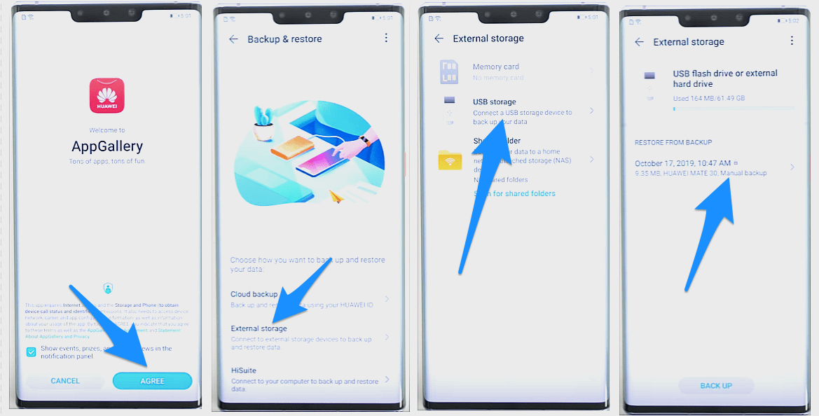 Tela de backup e restauração do Huawei