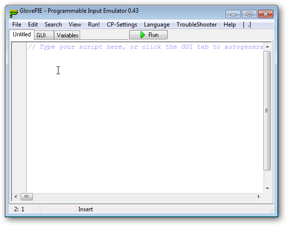 Окно GlovePIE после запуска