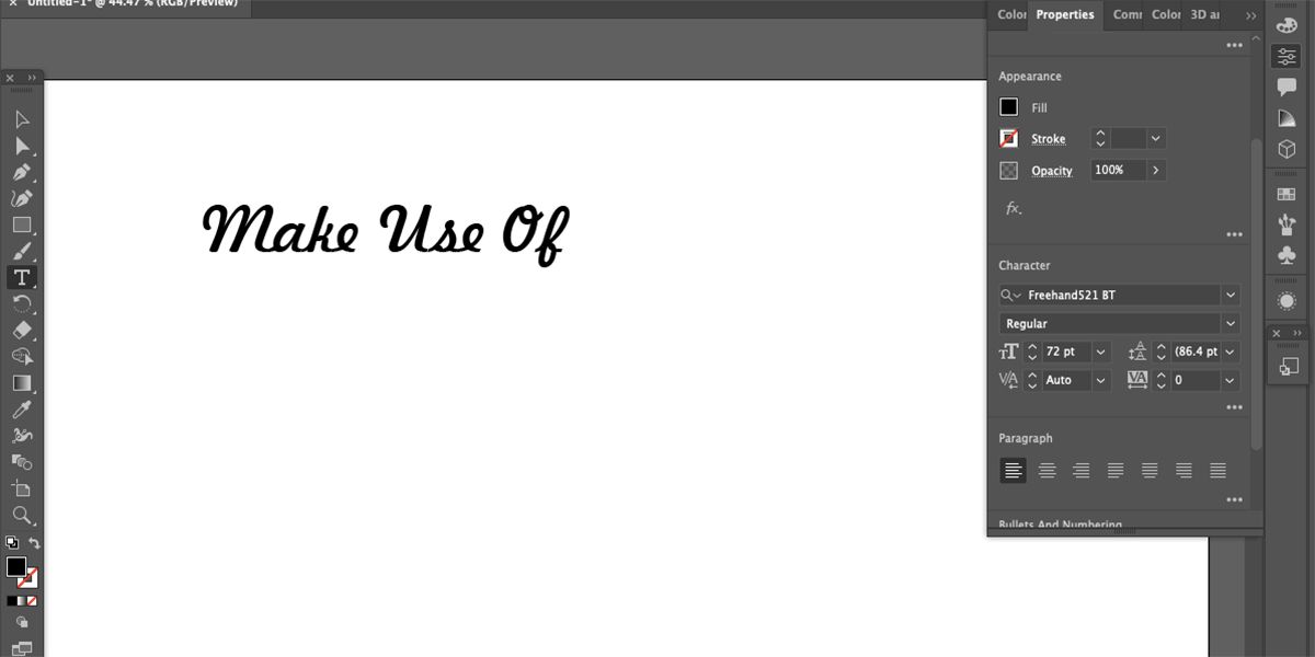 Белое полотно Illustrator с чёрным текстом MakeUseOf.
