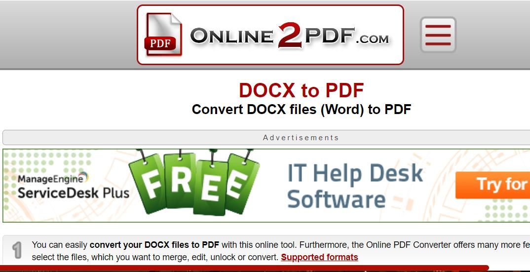 Веб‑приложение Online2PDF DOCX в PDF