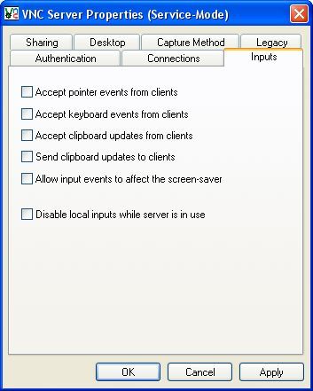Параметры ввода VNC, отключение удалённых команд