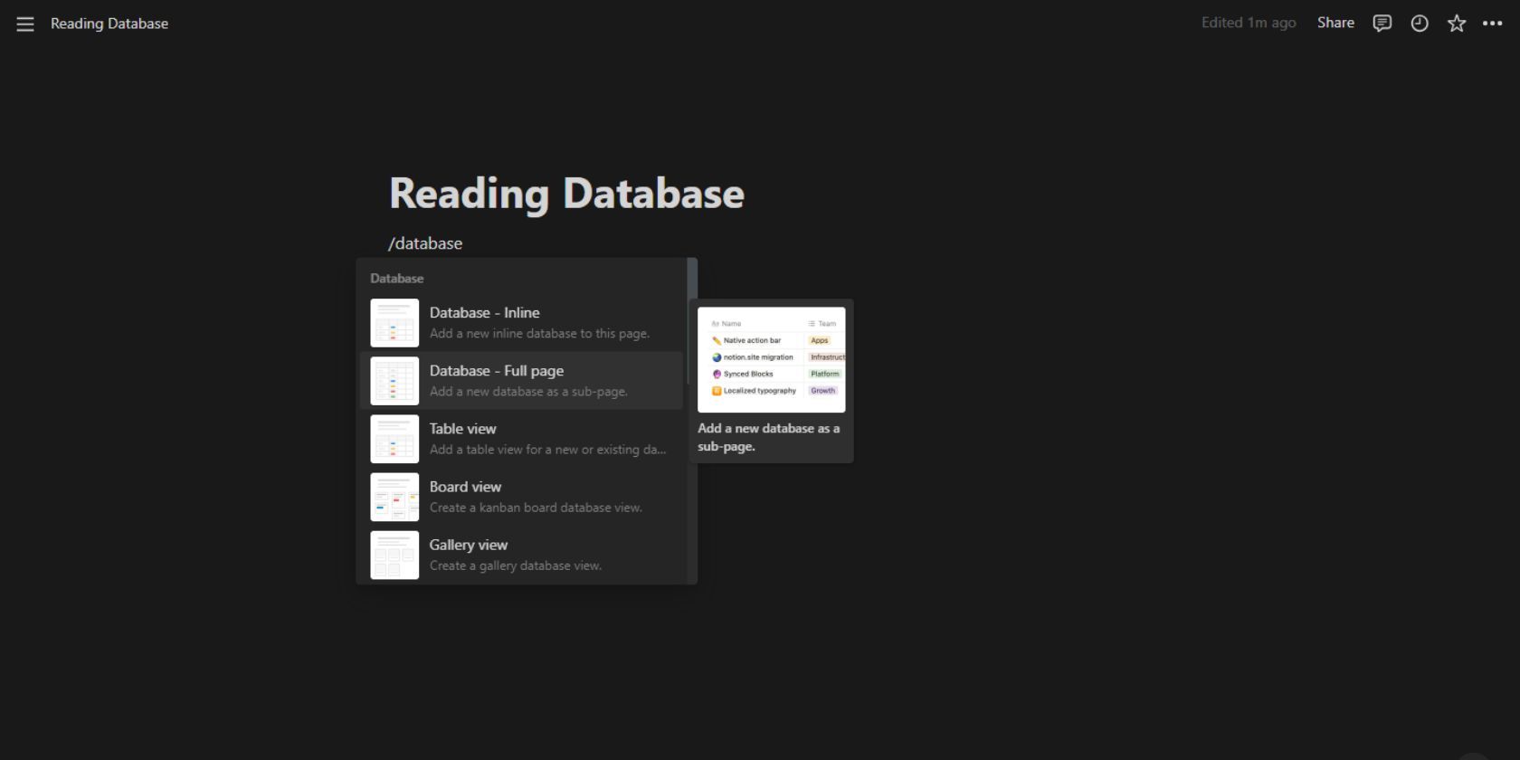 Скриншот Notion создания новой базы данных