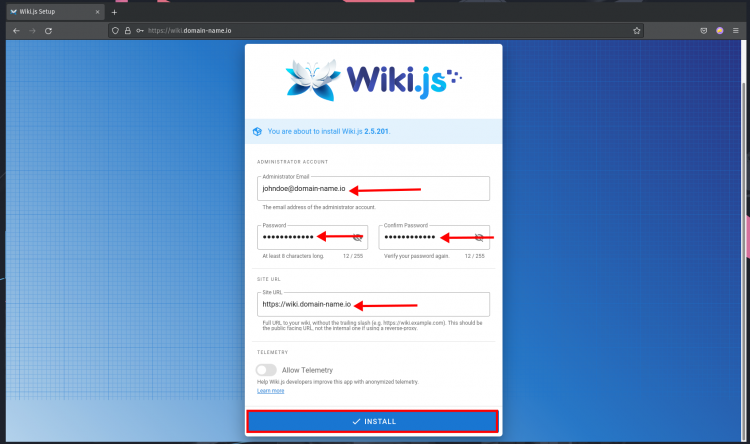 Создание администратора Wiki.js
