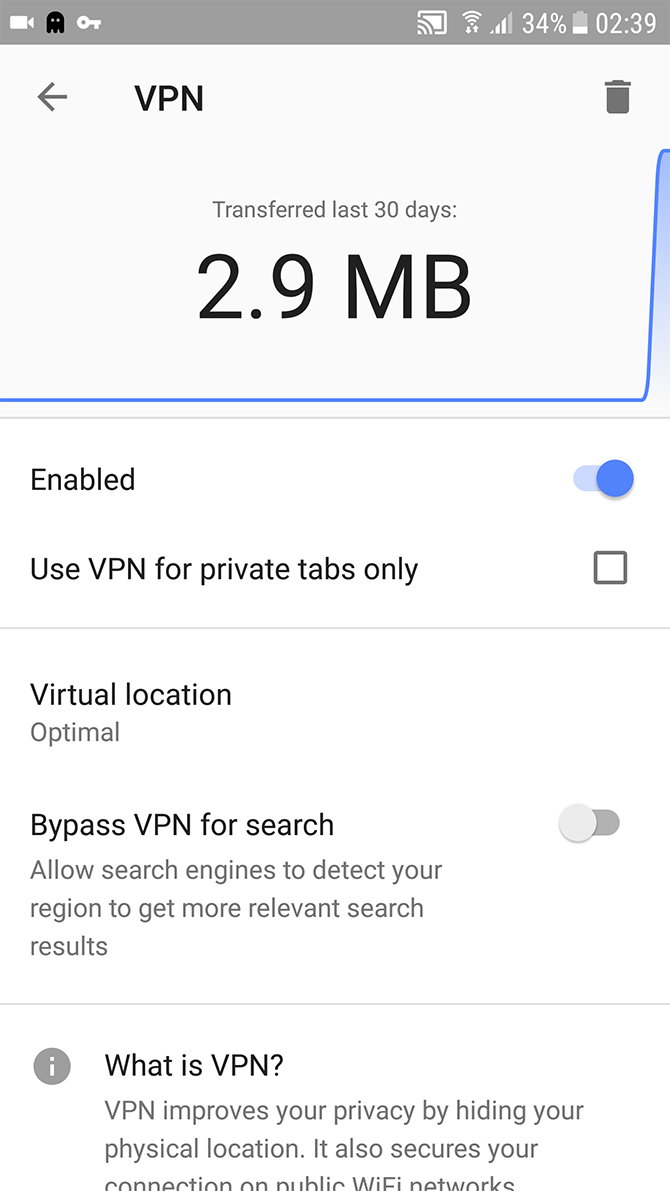 Меню VPN в Opera с опцией использования только в приватных вкладках