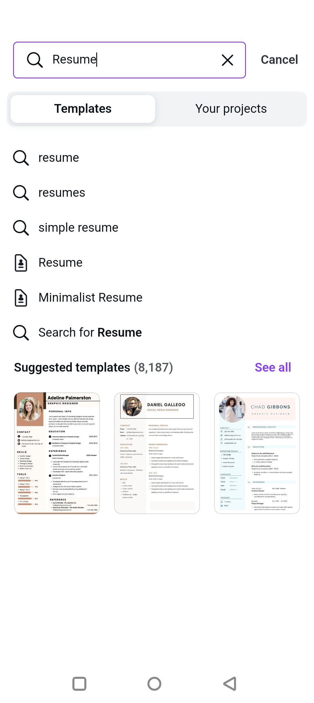 Поиск шаблонов резюме в приложении Canva