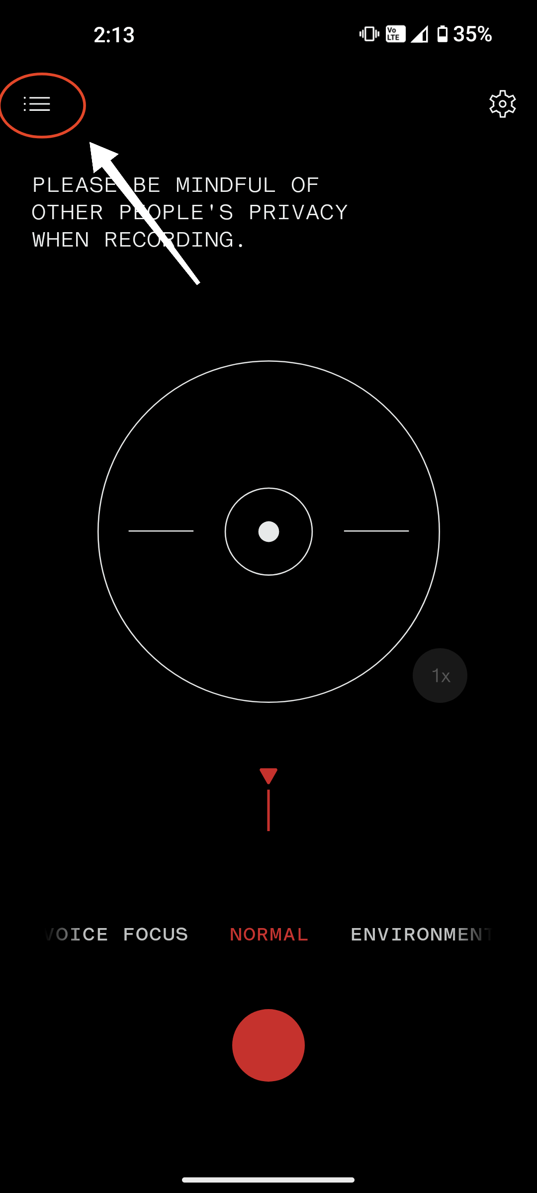 Иконка меню «гамбургер» в приложении Recorder