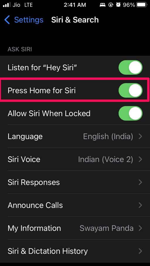 Включить вызов Siri кнопкой