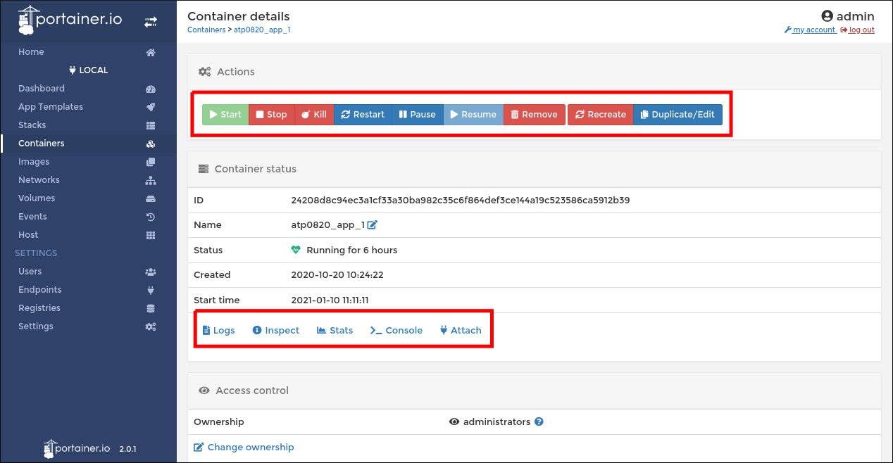 Экран с деталями контейнера в Portainer