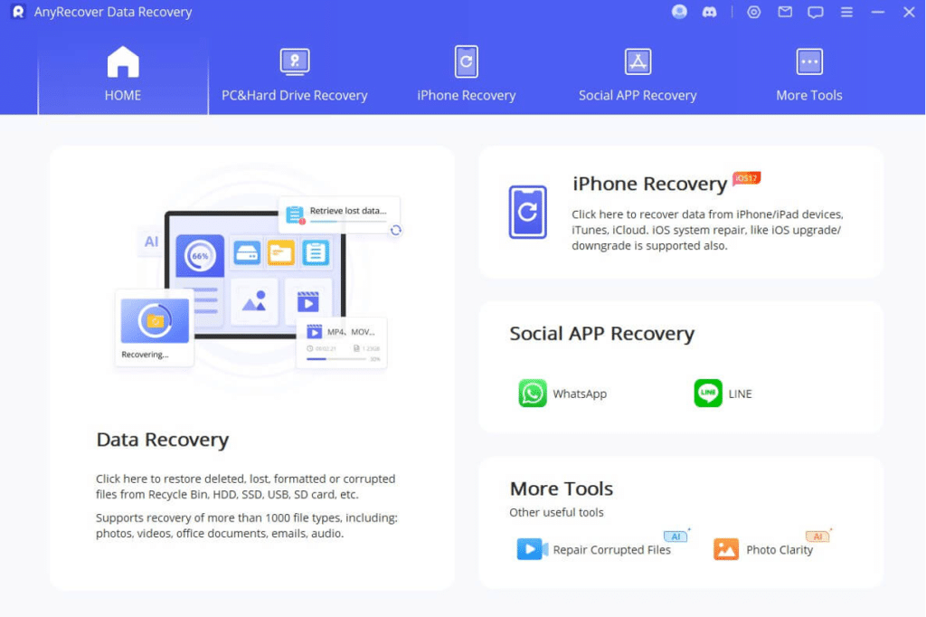AnyRecover에서 'PC & Hard Drive Recovery'를 선택한 화면 예시