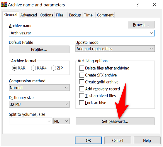 Кнопка «Set Password» в окне параметров архива WinRAR.