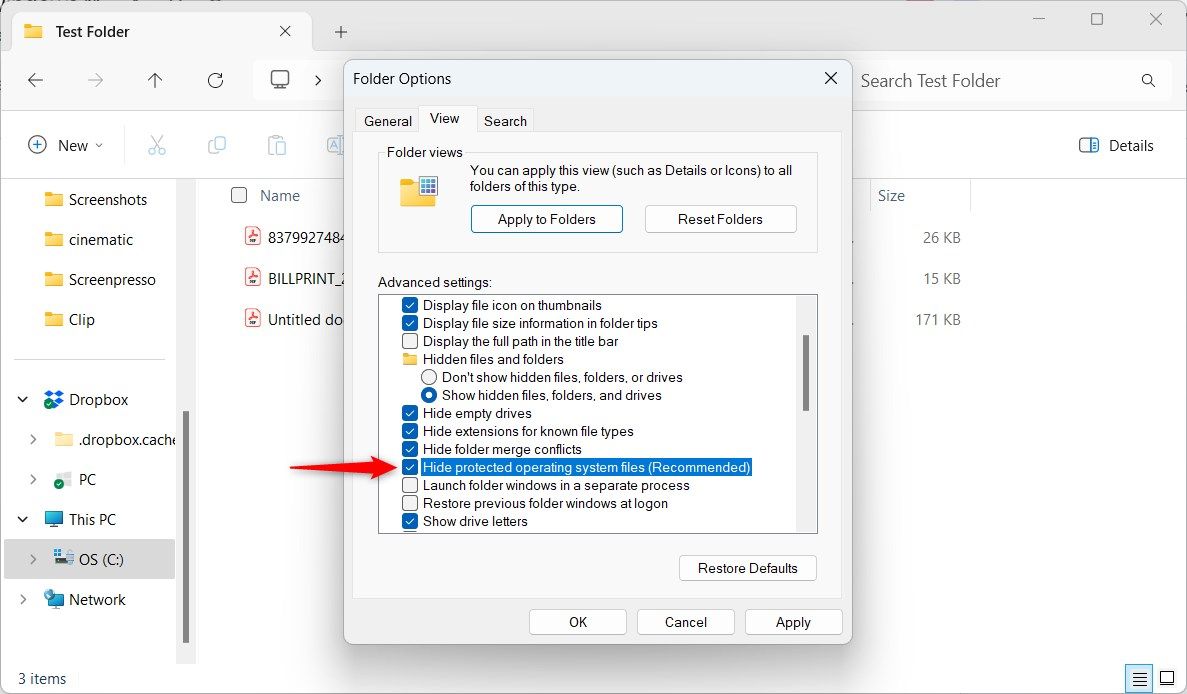 Параметр скрытия защищённых системных файлов в Windows 11