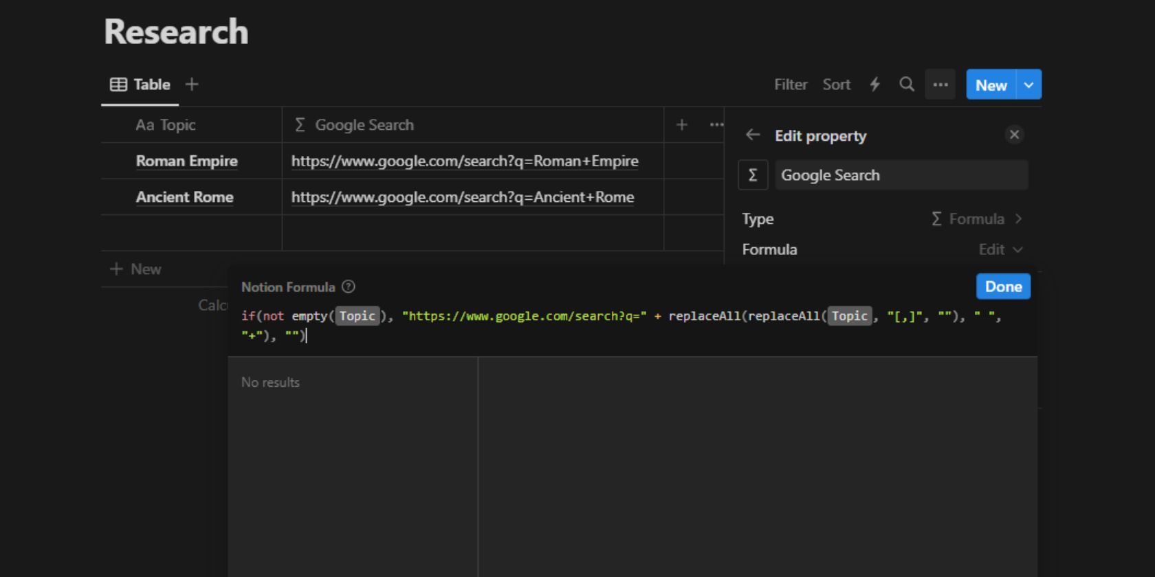 Скриншот Notion: настройка формулы для Google