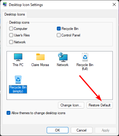 Кнопка Restore Default в диалоге значков рабочего стола