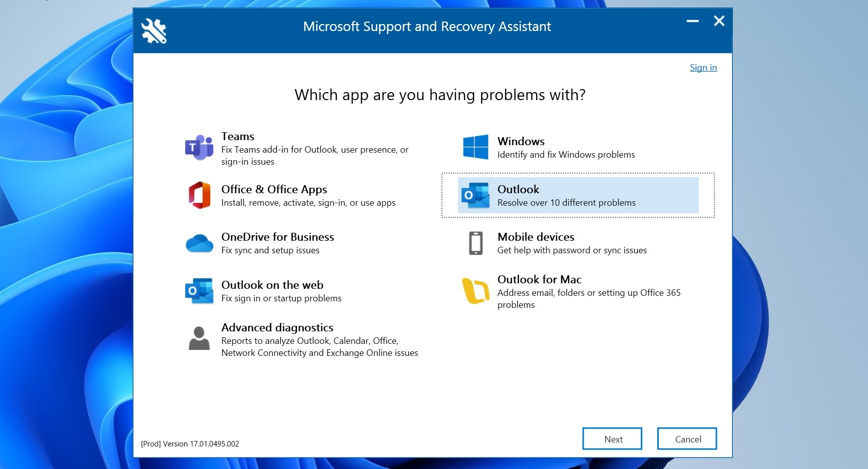 Нажмите Далее после выбора Outlook в окне Microsoft Support and Recovery Assistant