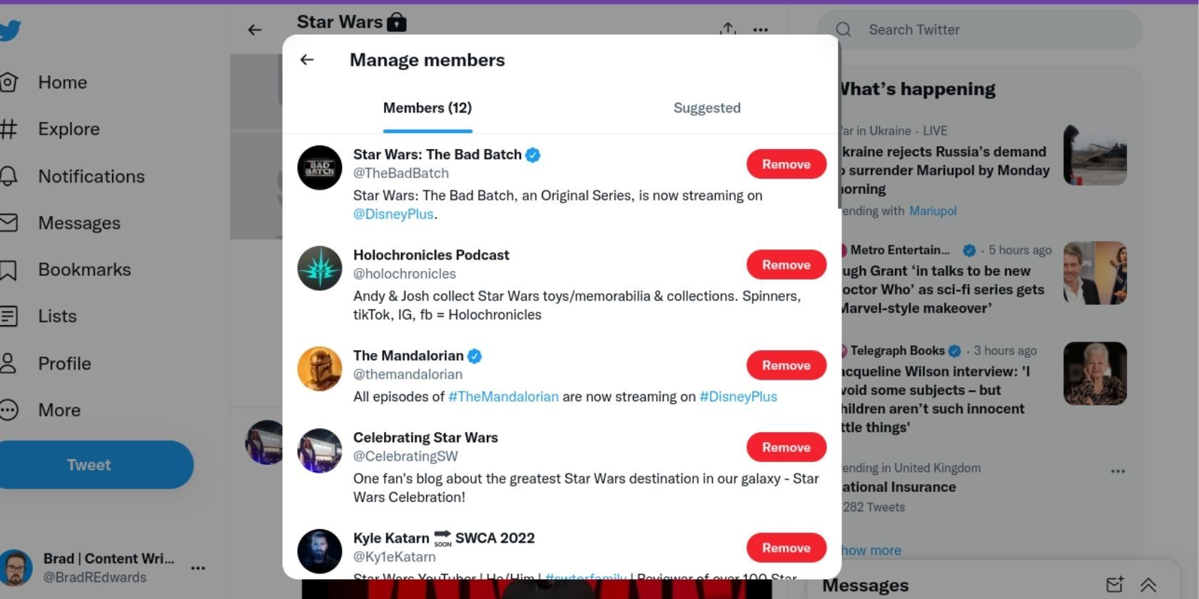 Список Twitter, состоящий из аккаунтов, связанных со Star Wars.