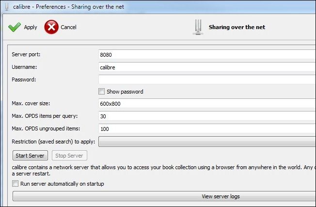 Настройка Calibre: экран «Share Over the Net»