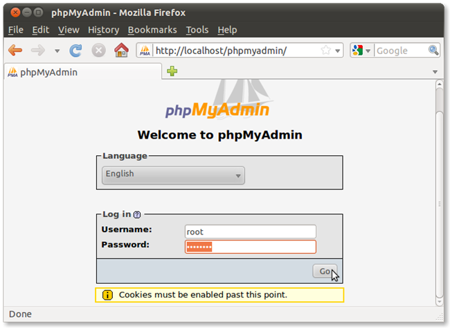 Успешный вход в phpMyAdmin