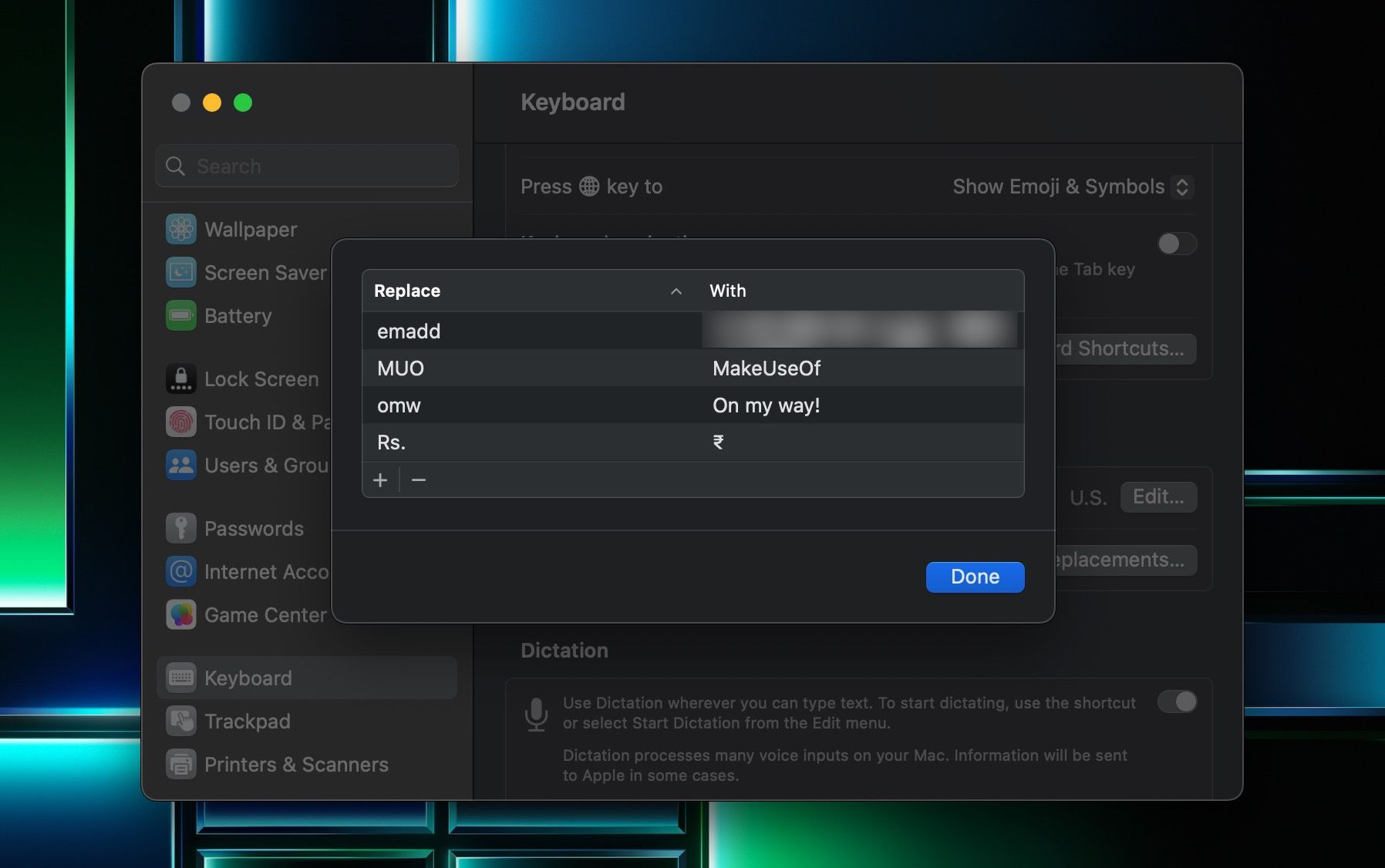Список текстовых замен в настройках macOS
