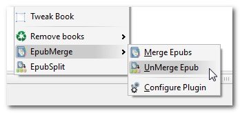 Menu contestuale che mostra l'opzione UnMerge Epub su una voce selezionata