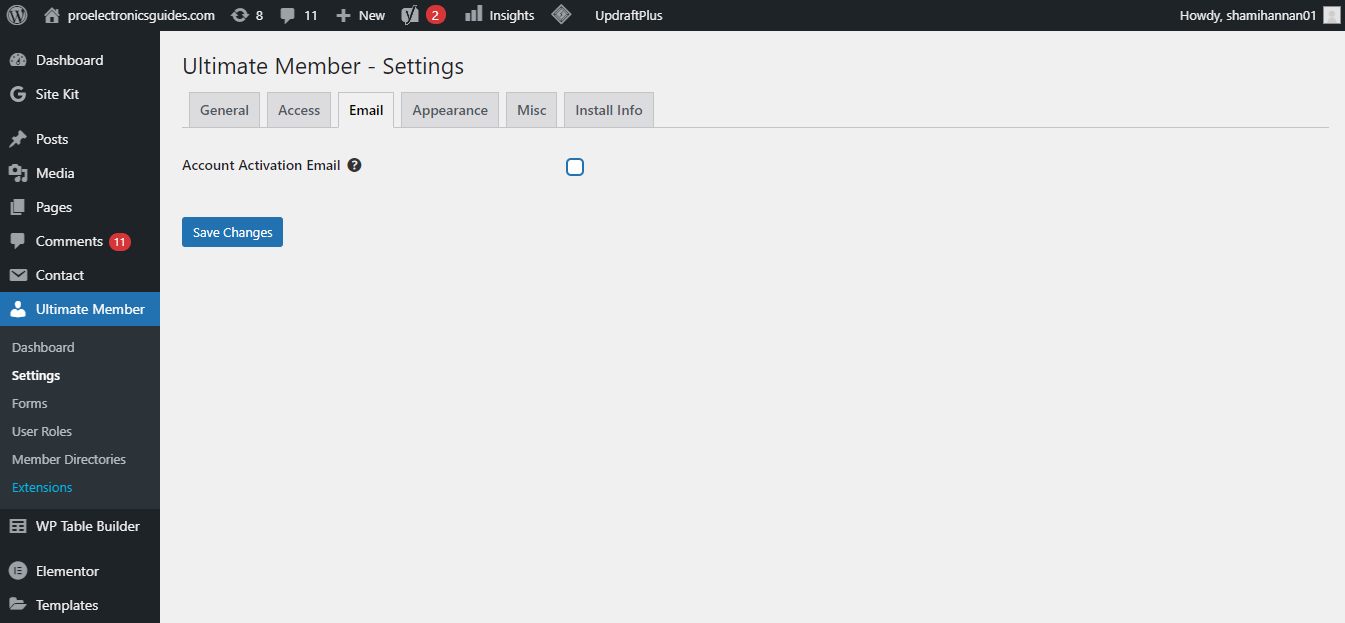Сохранение параметров отправки писем активации