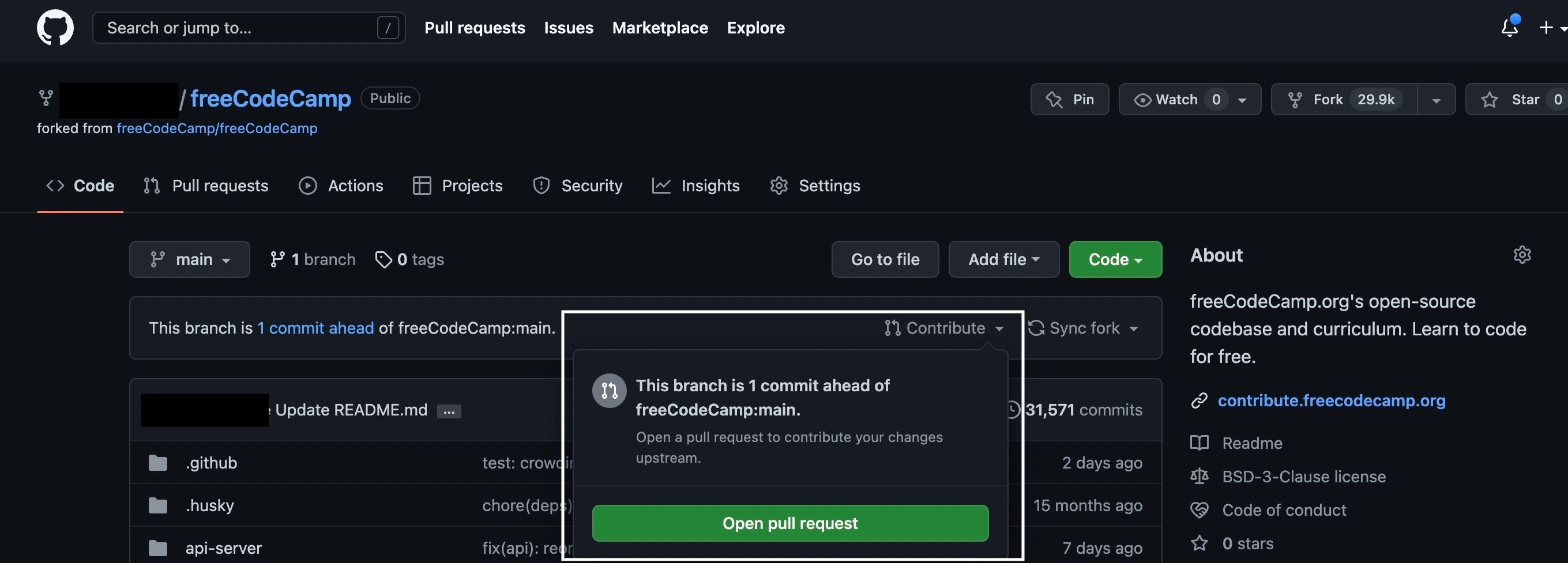 Диалог создания pull request на GitHub