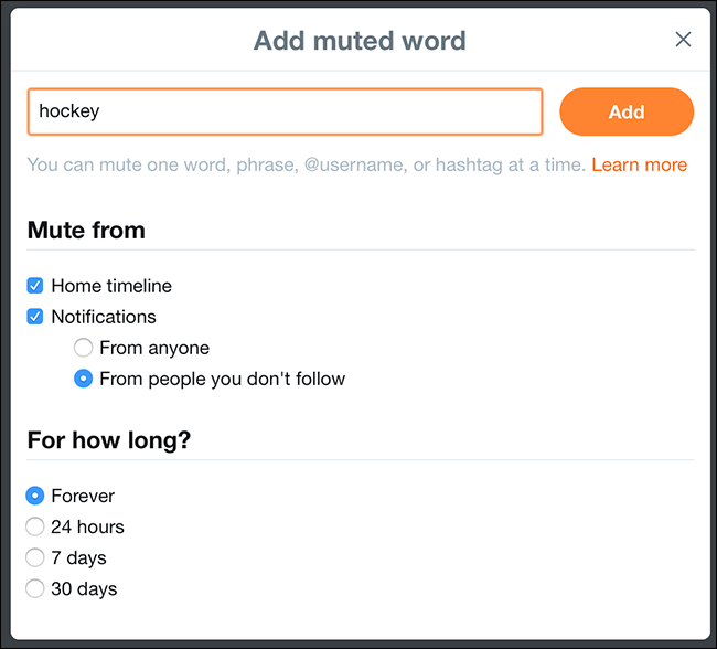 Форма ввода слова, хэштега или имени для заглушения