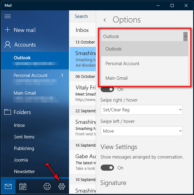 Настройка отдельных аккаунтов в Почте Windows 10