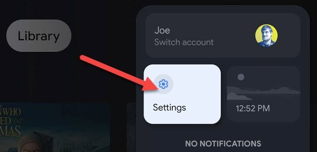 Выбор пункта «Settings» в меню Google TV