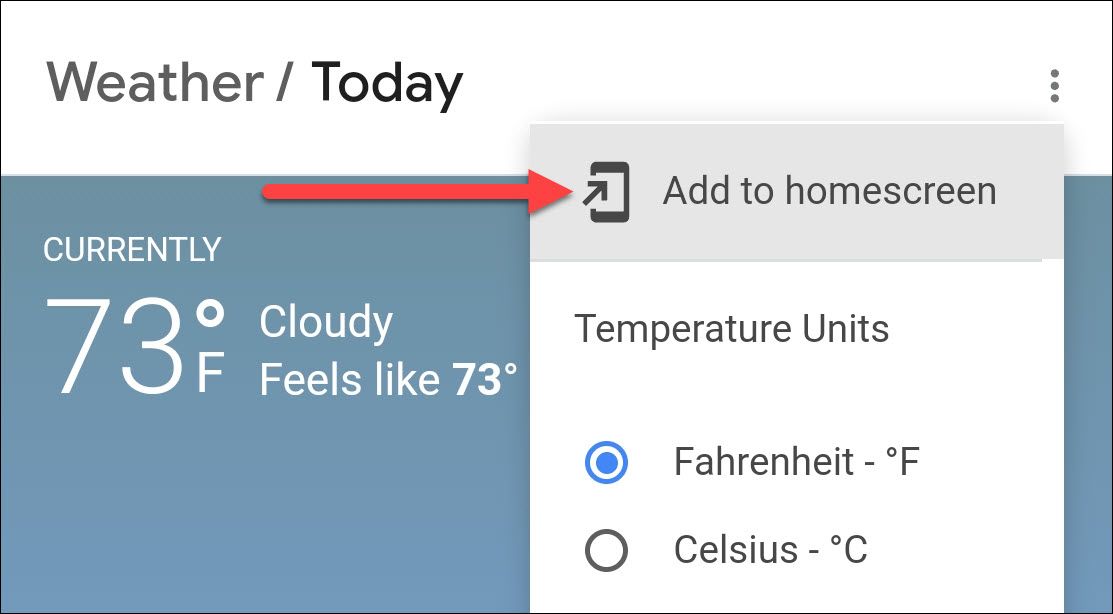 Выберите пункт «Добавить на главный экран» в меню карточки погоды.