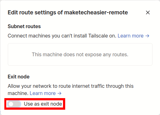 Переключатель для включения узла как Exit Node.