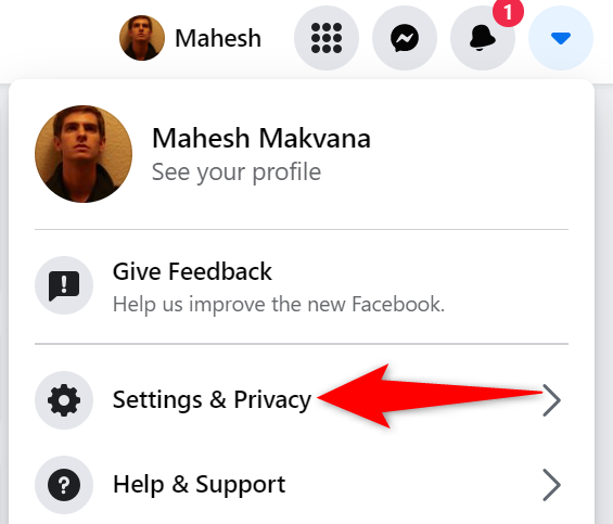 Меню «Настройки и конфиденциальность» в Facebook