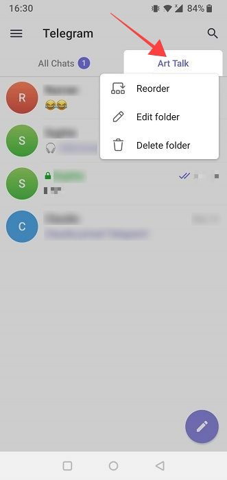 Долгое нажатие на папку для дополнительных опций в мобильном Telegram.