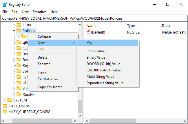 Создание нового подраздела Google в реестре