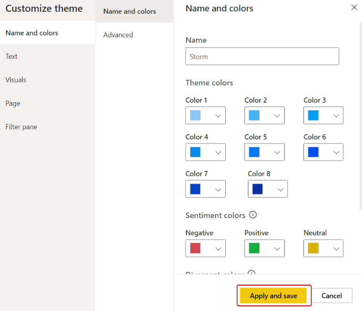 Панель редактирования темы в Power BI