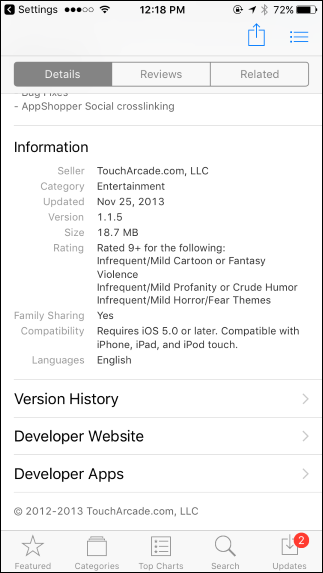 Детали приложения в App Store и контакт разработчика