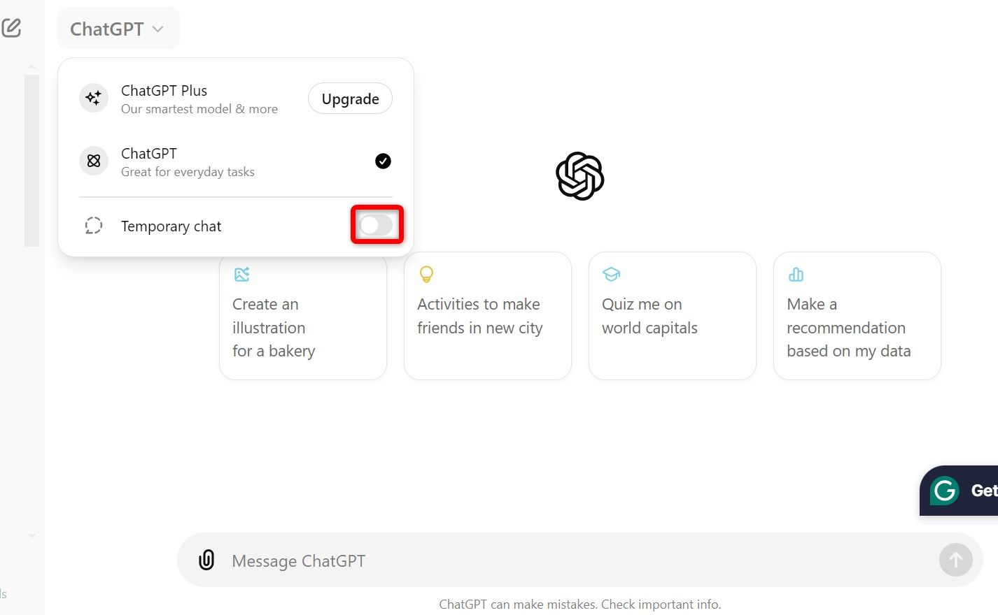 Выделена опция 'Temporary Chat' на сайте ChatGPT.