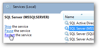 Список служб, показывающий учётную запись для SQL Server