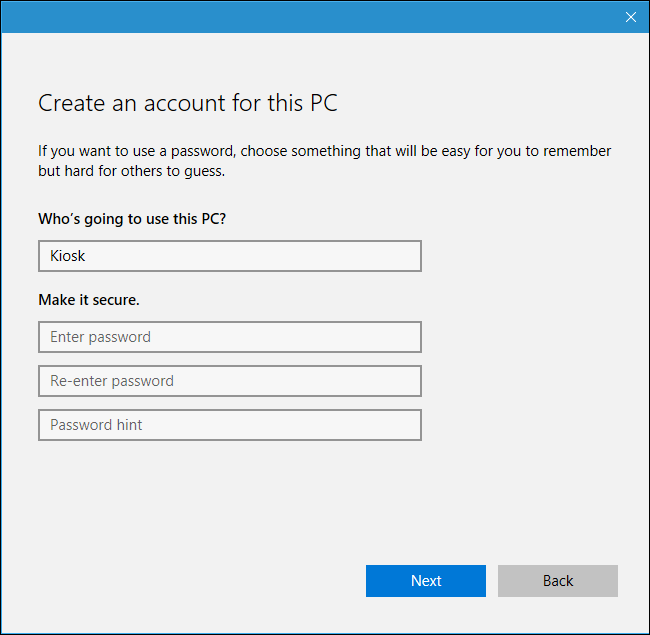 Параметры учётной записи и создание имени Kiosk