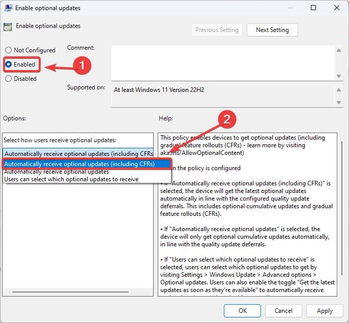 Окно политики «Enable Optional Updates» с параметром автоматического получения необязательных обновлений