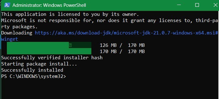 Показатель успешной установки Java в Windows PowerShell