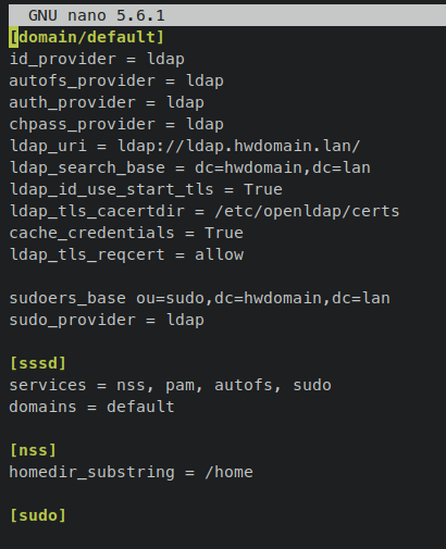 sssd.conf с включенным sudo_provider и services = ...