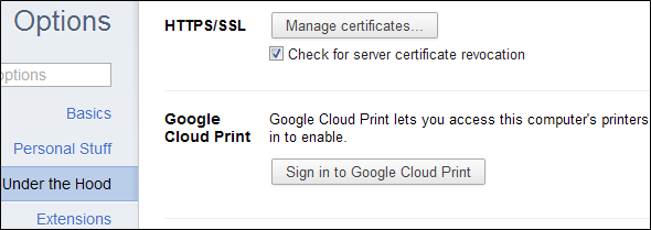 Опция Google Cloud Print в настройках Chrome